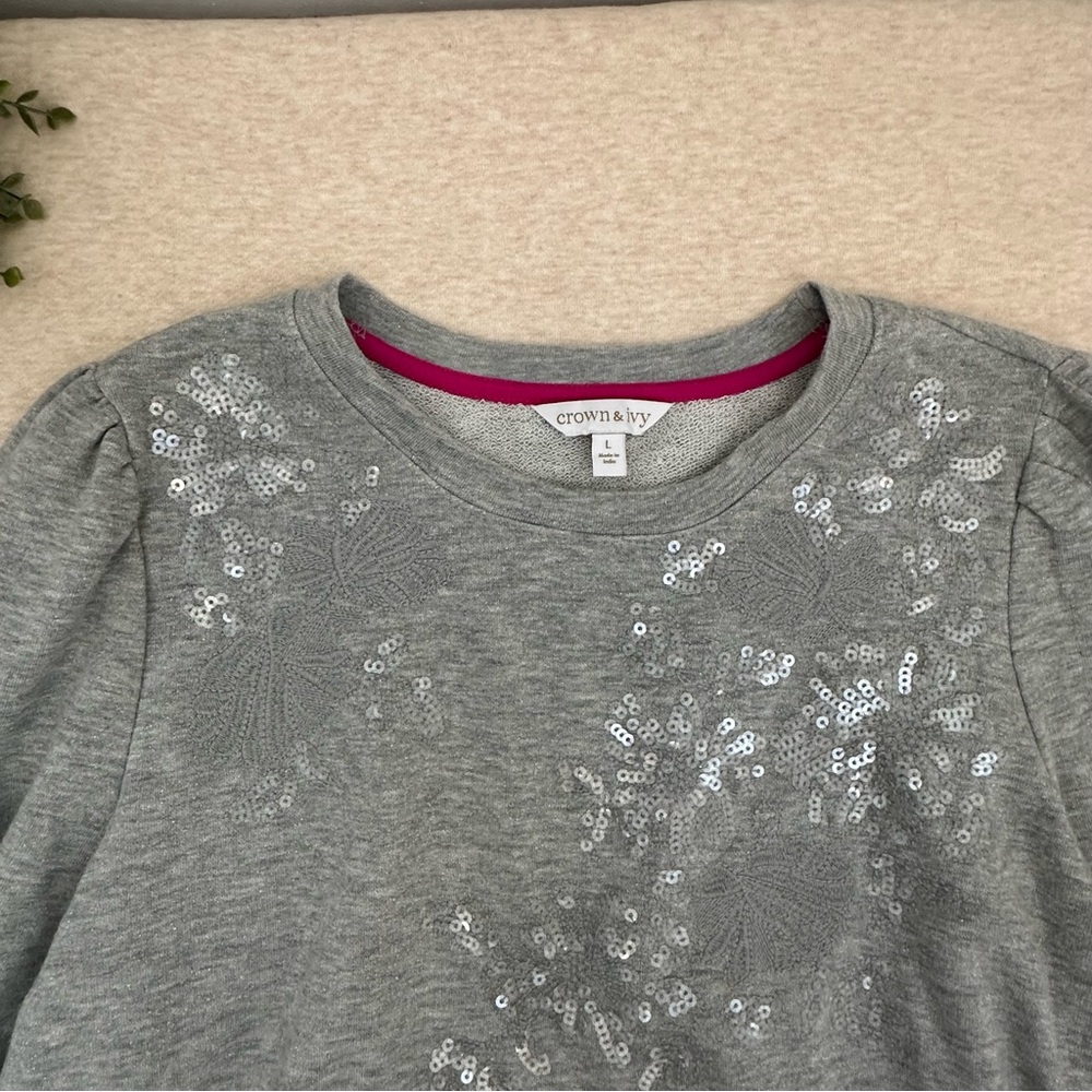 Crown & ivy Women’s Gray Cotton Crewneck Long Sleeve Sweater Size L - Picture 4 of 10
